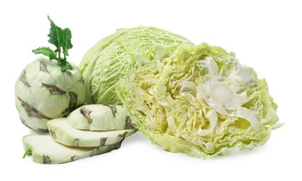 Different types of cabbage on white background