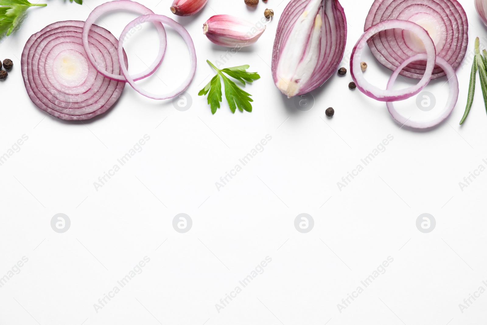 Photo of Flat lay composition with cut onion and spices on white background