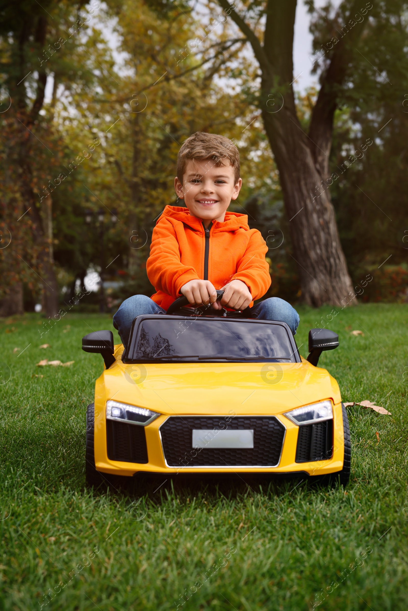 Photo of Cute little boy driving children's car in park