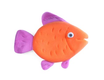 Photo of Colorful fish made from play dough isolated on white, top view