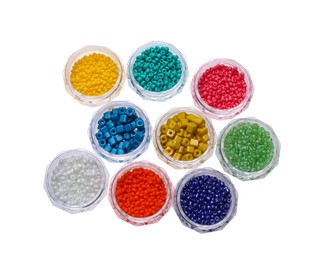 Photo of Plastic containers with different beads on white background, top view