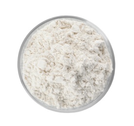 Photo of Bowl of flour isolated on white, top view