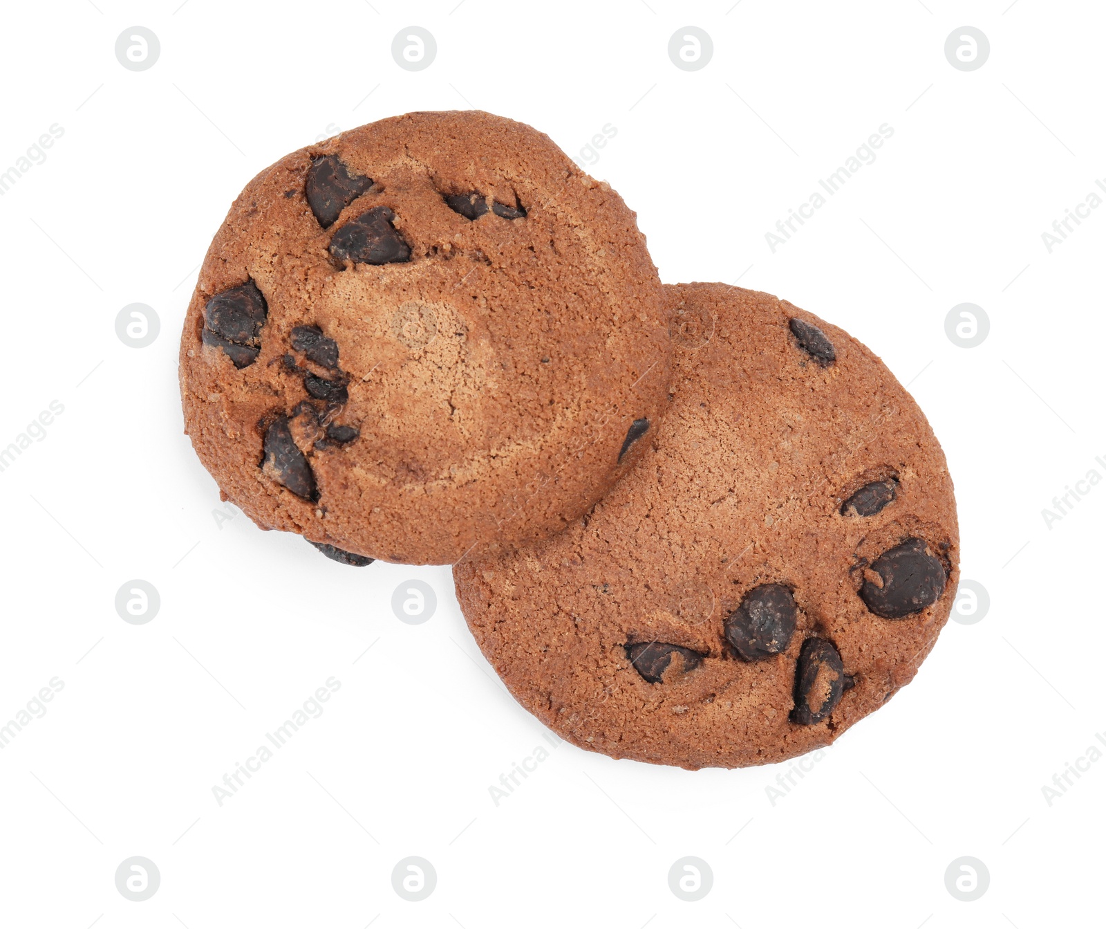 Photo of Delicious chocolate chip cookies on white background, top view