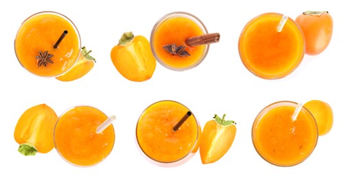 Image of Set with tasty persimmon smoothies on white background, top view