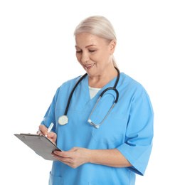 Mature doctor with clipboard on white background