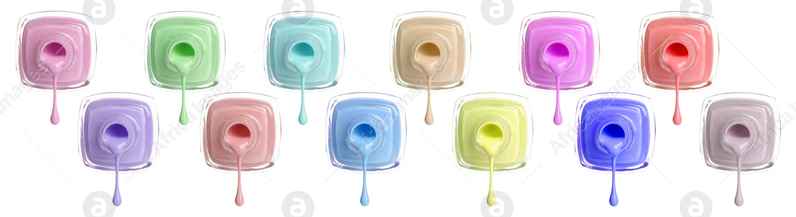 Image of Set of different nail polishes dripping on white background. Banner design