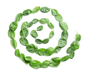 Photo of Fresh green healthy baby spinach leaves on white background, top view