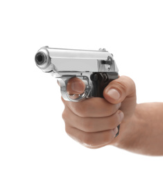 Photo of Professional killer with gun on white background, closeup