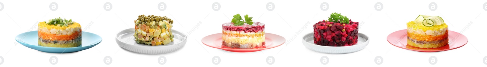 Image of Set of traditional russian salads on white background. Banner design