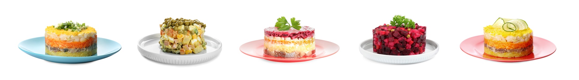 Image of Set of traditional russian salads on white background. Banner design