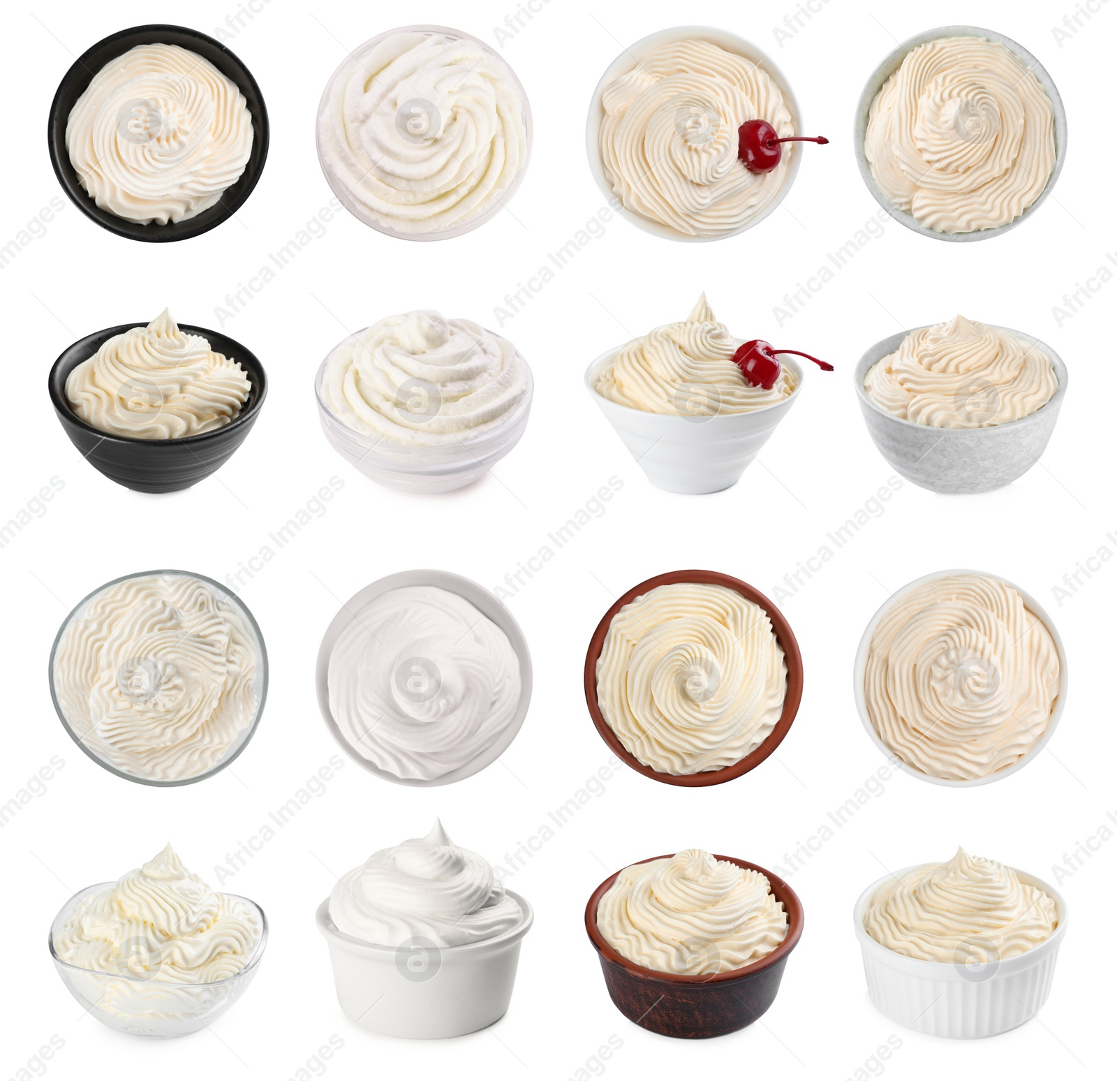 Image of Set with delicious fresh whipped cream on white background