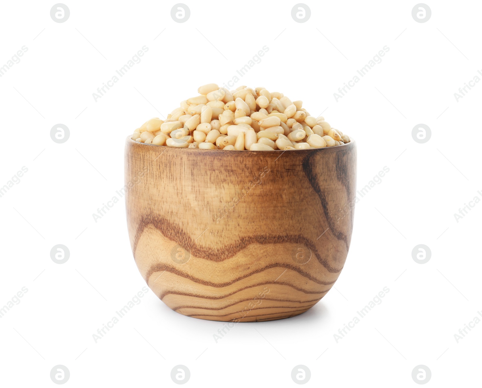 Photo of Bowl with pine nuts on white background