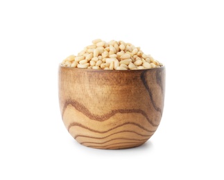 Photo of Bowl with pine nuts on white background