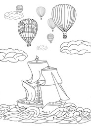Illustration of Hot air balloons flying in sky and ship on white background, illustration. Coloring page 