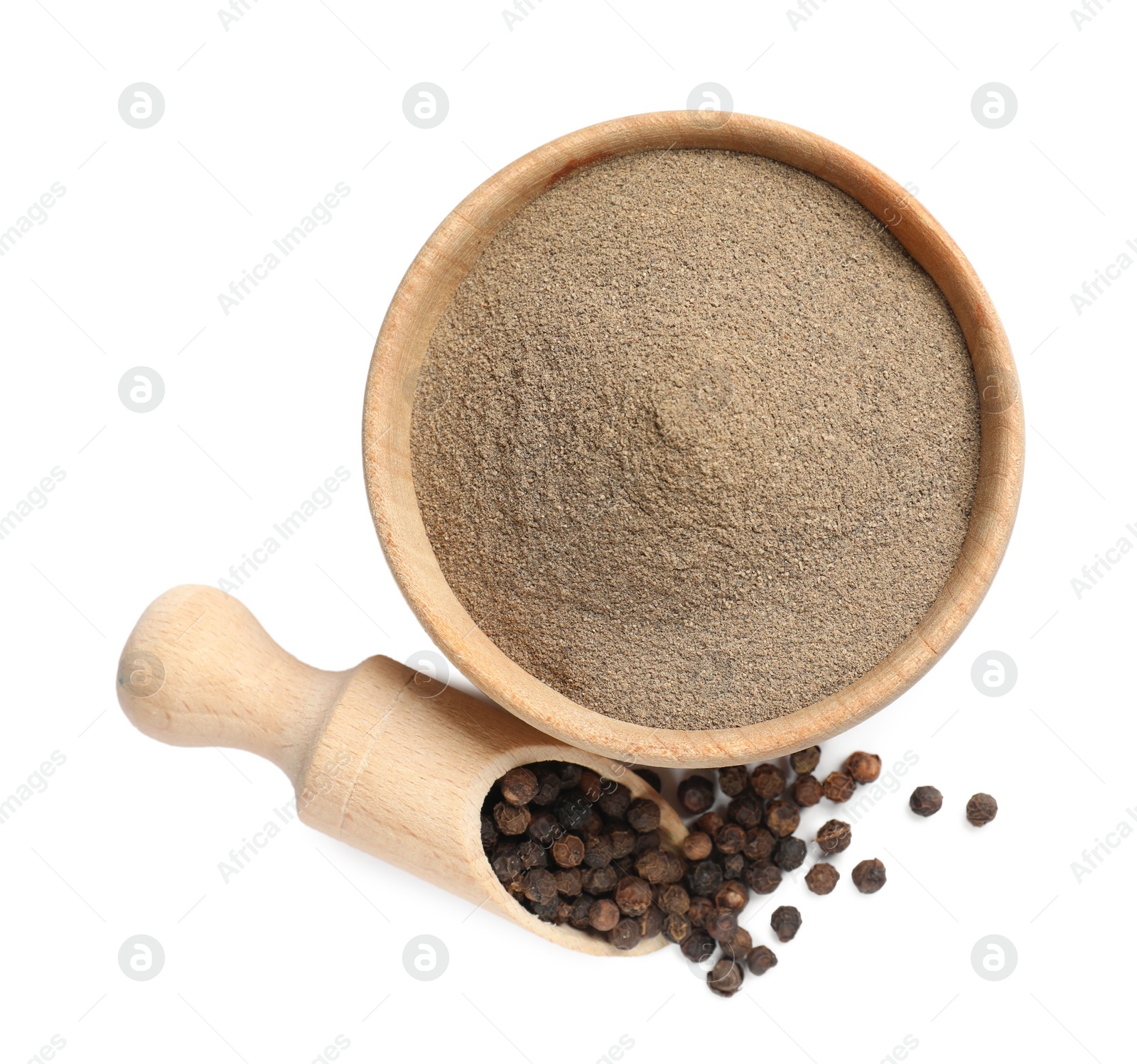 Photo of Aromatic spice. Ground and whole black pepper isolated on white, top view