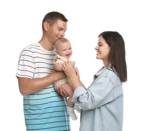 Photo of Portrait of happy family with their cute baby on white background