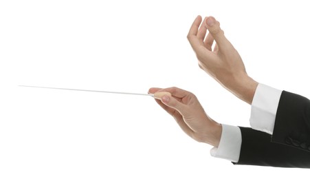 Photo of Professional conductor with baton on white background, closeup