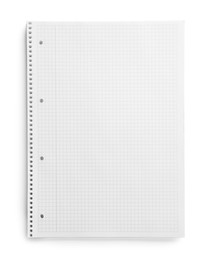 Photo of Stack of checkered paper sheets on white background, top view