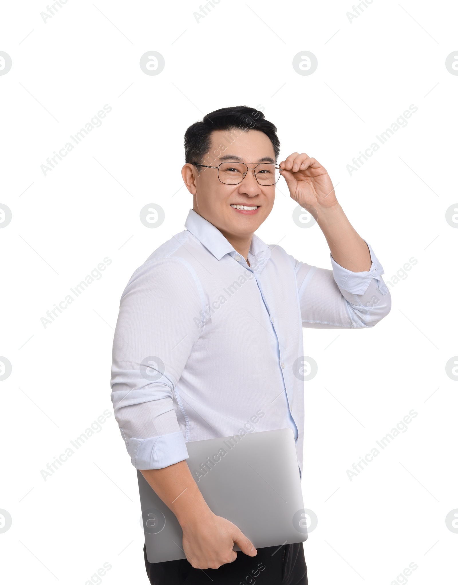 Photo of Businessman in formal clothes with laptop on white background