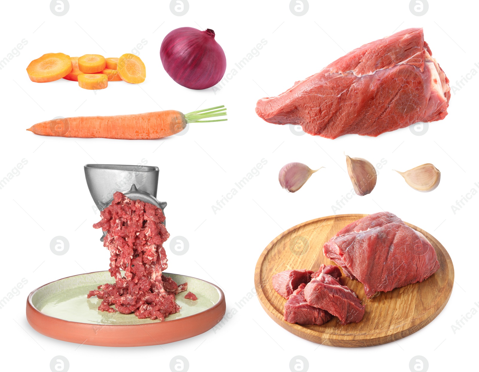 Image of Manual meat grinder with mince beef and different products isolated on white, set