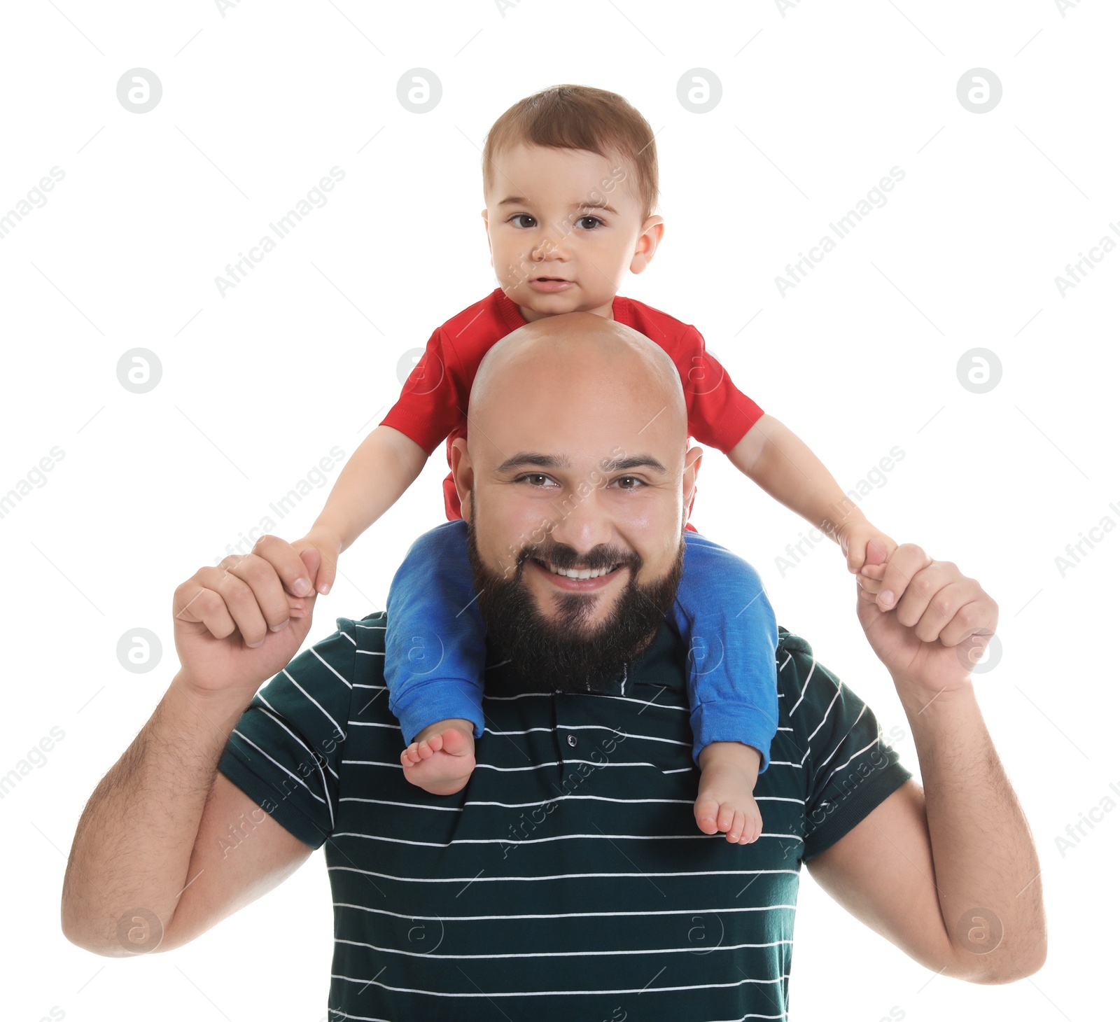 Photo of Portrait of dad and his little son on white background