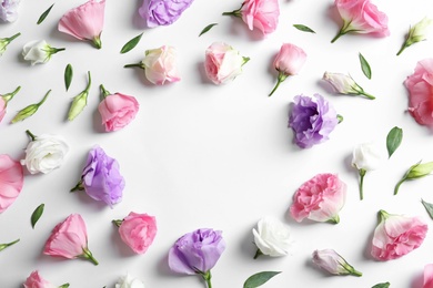 Photo of Flat lay composition with beautiful Eustoma flowers on light background