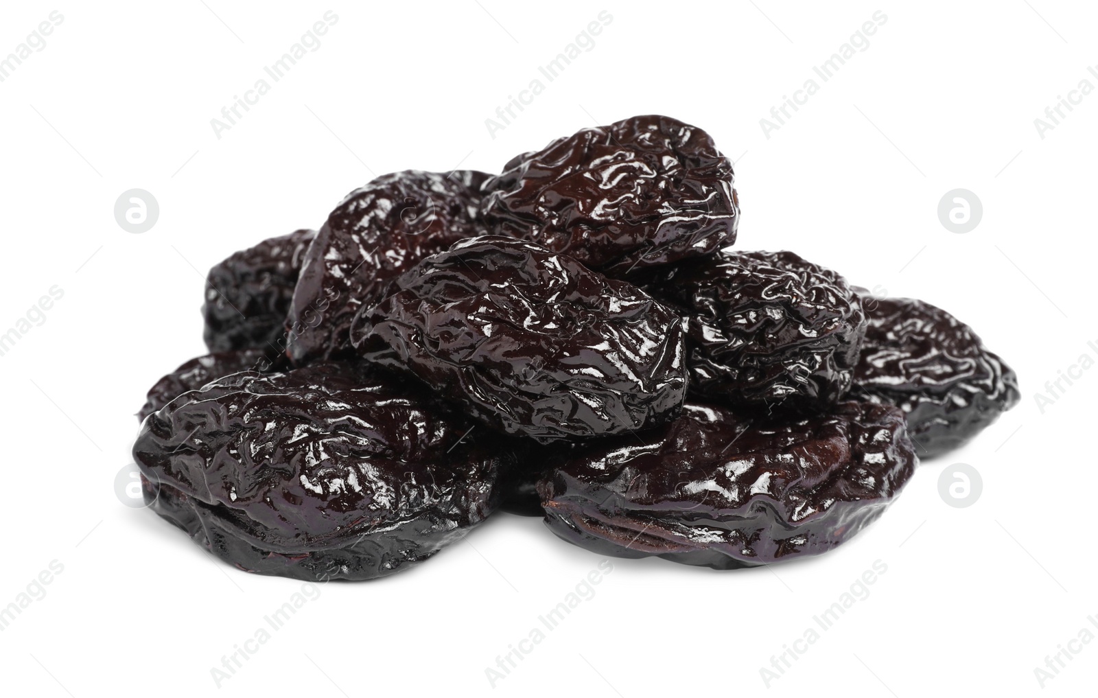 Photo of Heap of sweet dried prunes on white background