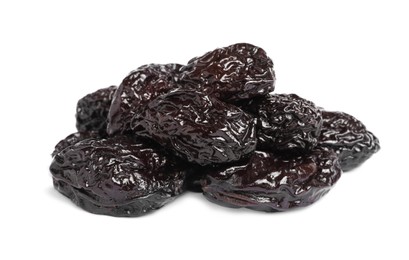 Heap of sweet dried prunes on white background