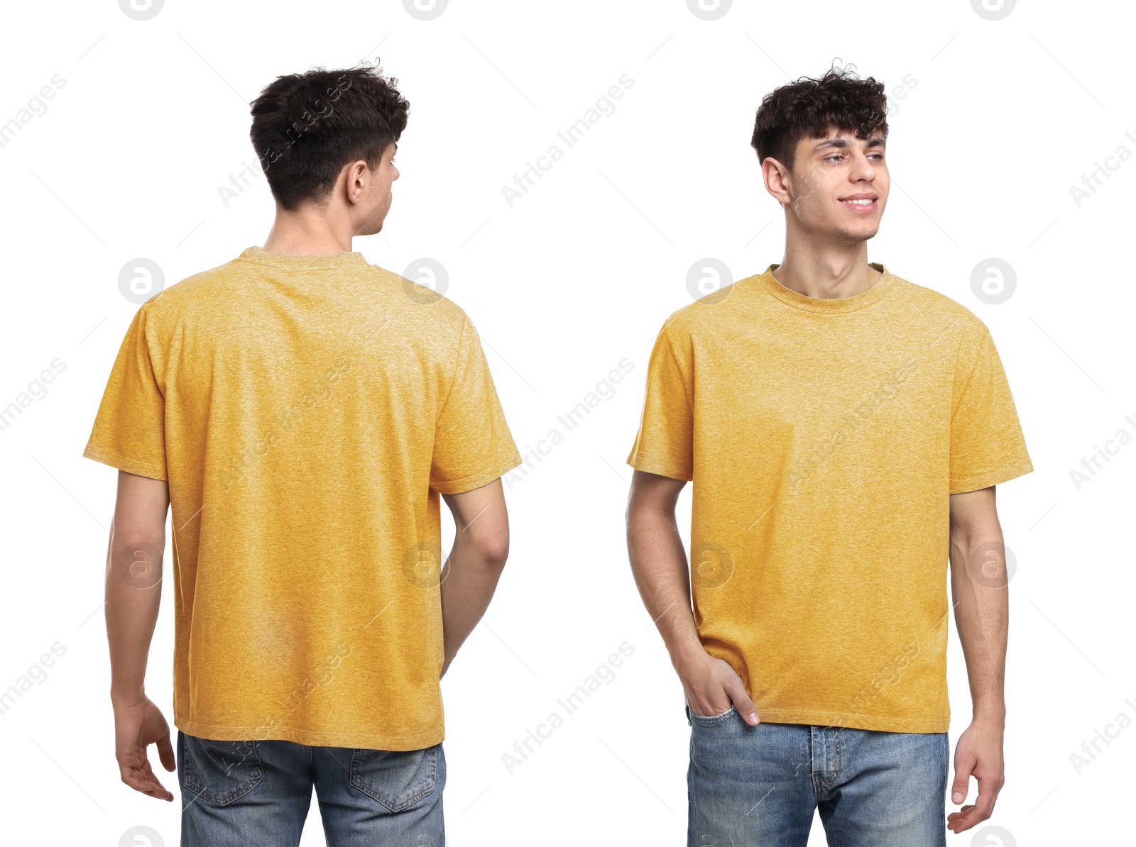 Image of Collage with photos of man in yellow t-shirt on white background, back and front views. Mockup for design