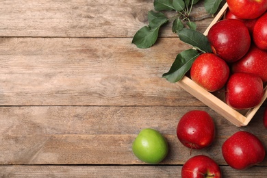 Photo of Composition with different apples and space for text on wooden background, top view
