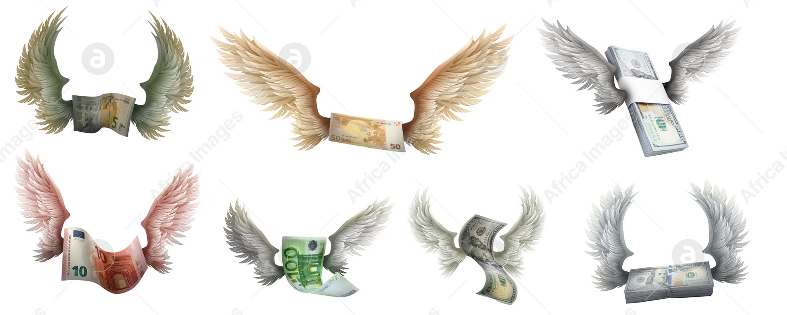 Image of Banknotes with wings on white background, collage. Banner design