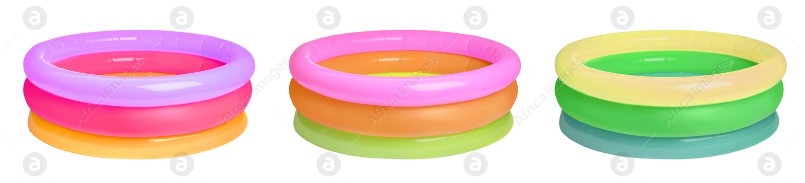 Image of Set with different colorful inflatable rubber pools on white background. Banner design