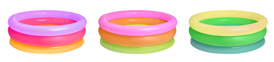 Image of Set with different colorful inflatable rubber pools on white background. Banner design