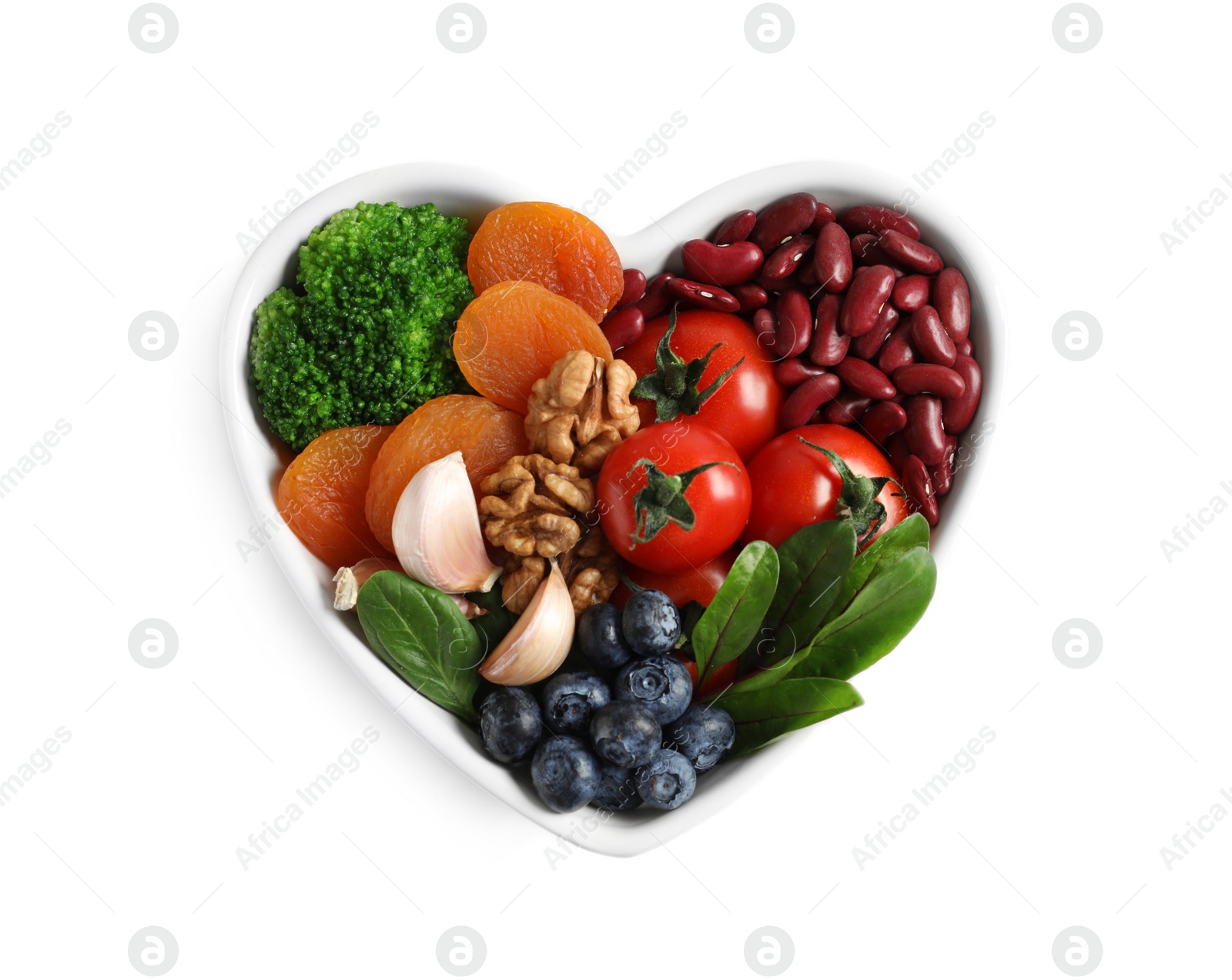 Photo of Bowl with products for heart-healthy diet on white background, top view