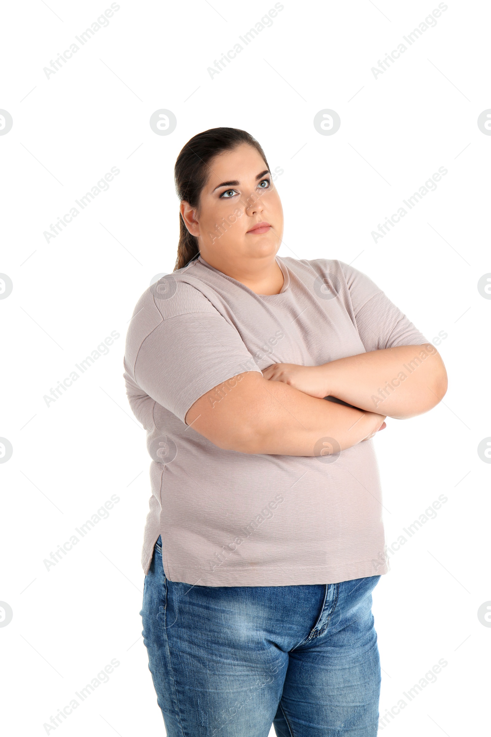 Photo of Portrait of overweight woman on white background