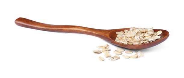 Photo of Raw oatmeal and wooden spoon on white background