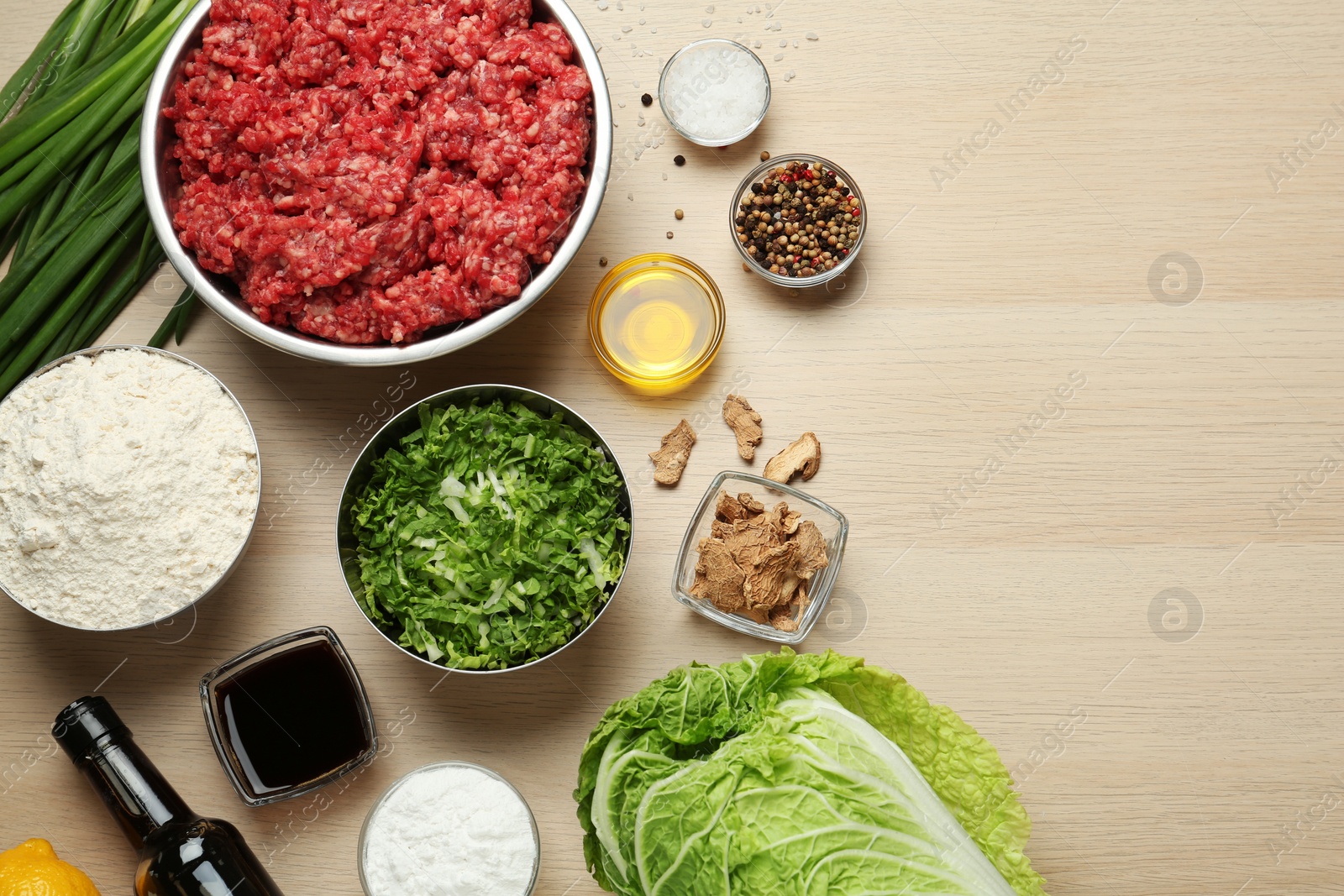 Photo of Flat lay composition with gyoza ingredients on wooden table, space for text