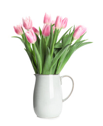 Photo of Beautiful pink spring tulips in vase isolated on white