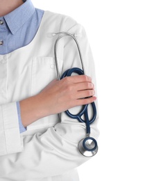 Female doctor holding stethoscope on white background, closeup