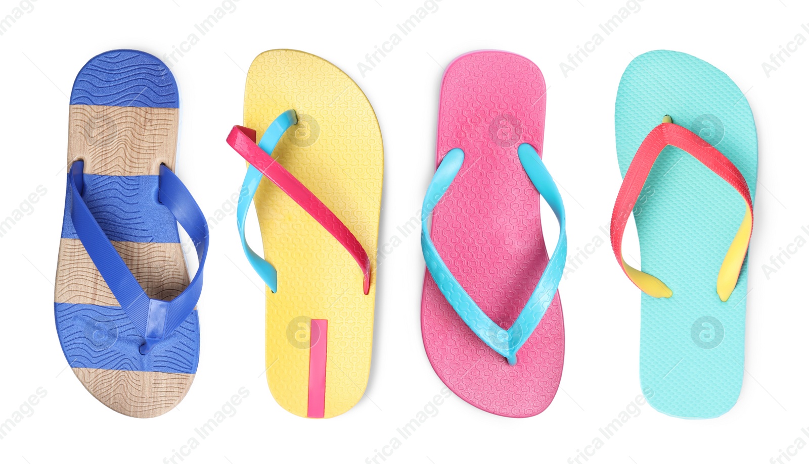 Image of Set with different flip flops on white background, top view 