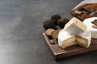 Wooden board with delicious truffle cheese on grey table. Space for text