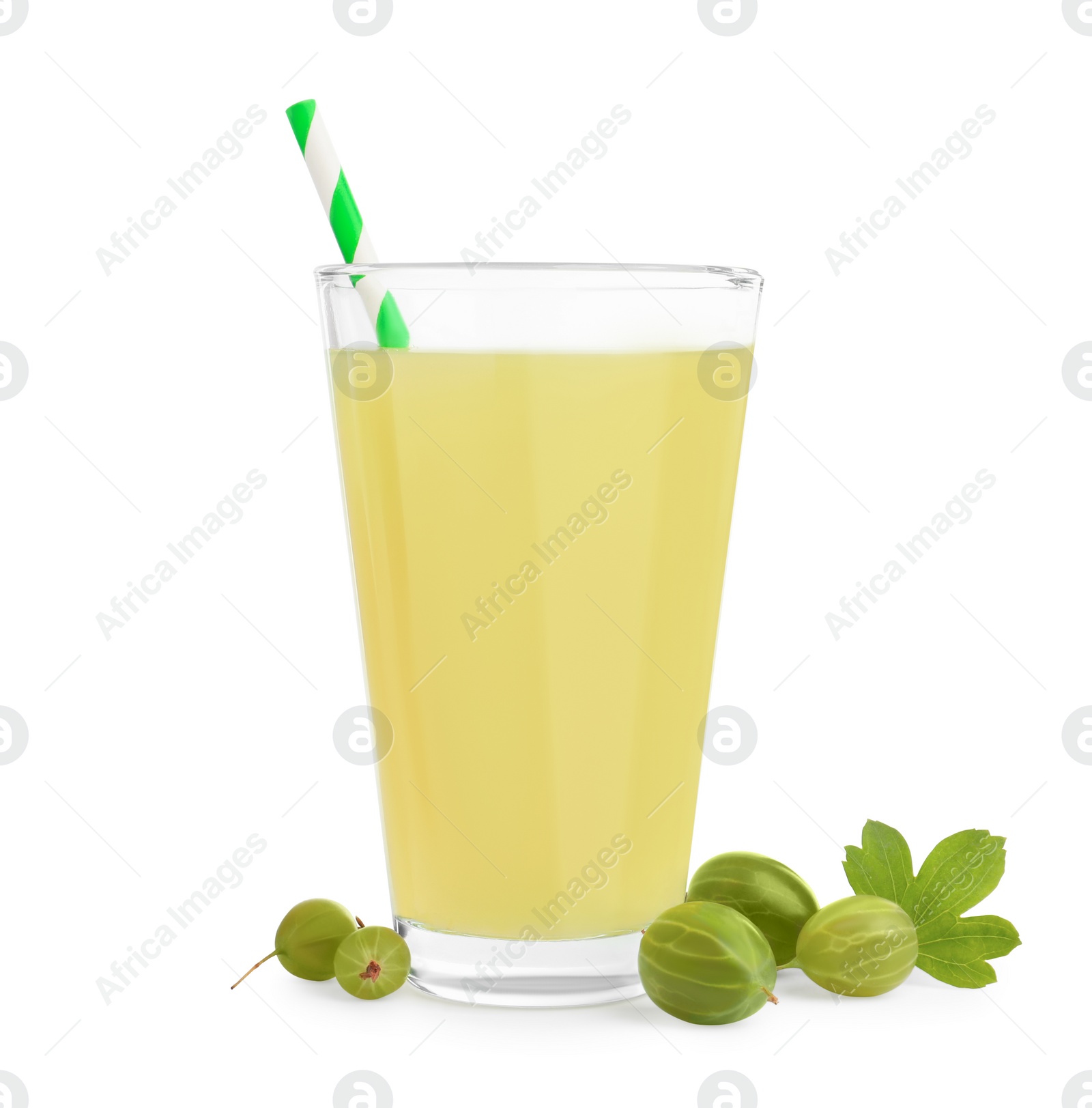 Photo of Tasty gooseberry juice in glass and fresh berries isolated on white