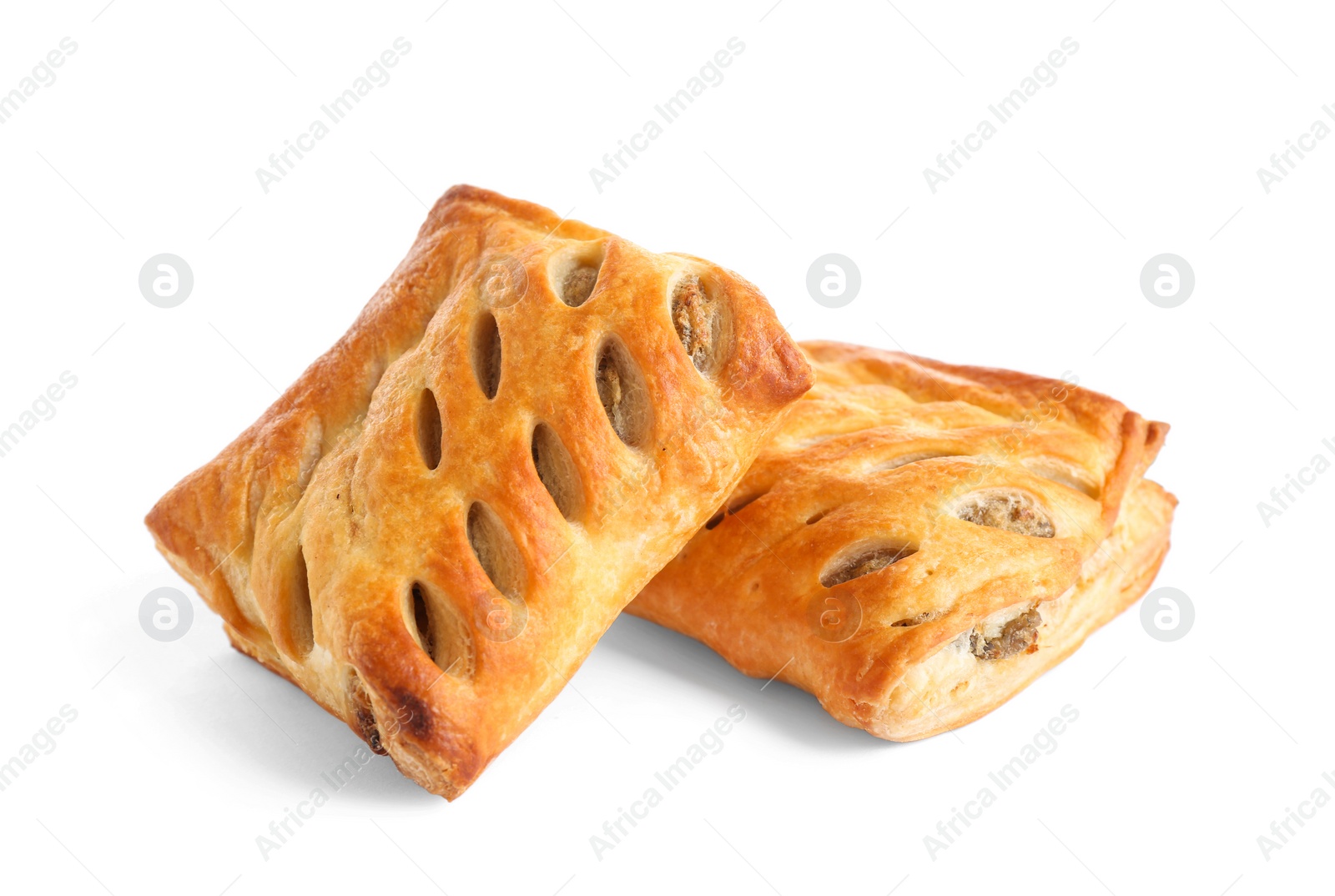 Photo of Fresh tasty puff pastry on white background