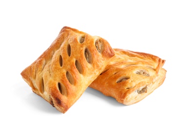 Fresh tasty puff pastry on white background