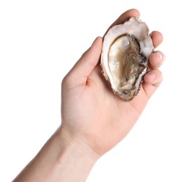 Photo of Man holding open oyster on white background, closeup