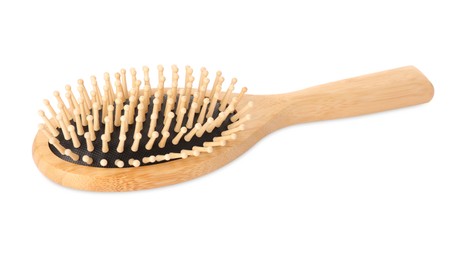 One new wooden hairbrush isolated on white