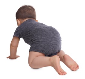 Photo of Cute baby crawling on white background, back view