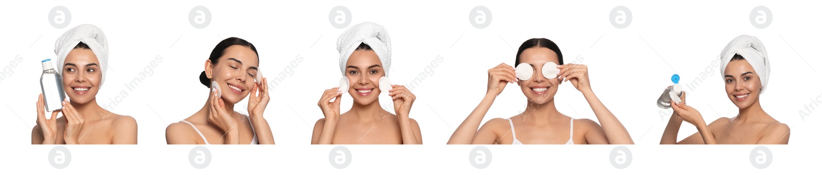 Image of Collage with photos of woman with micellar water on white background