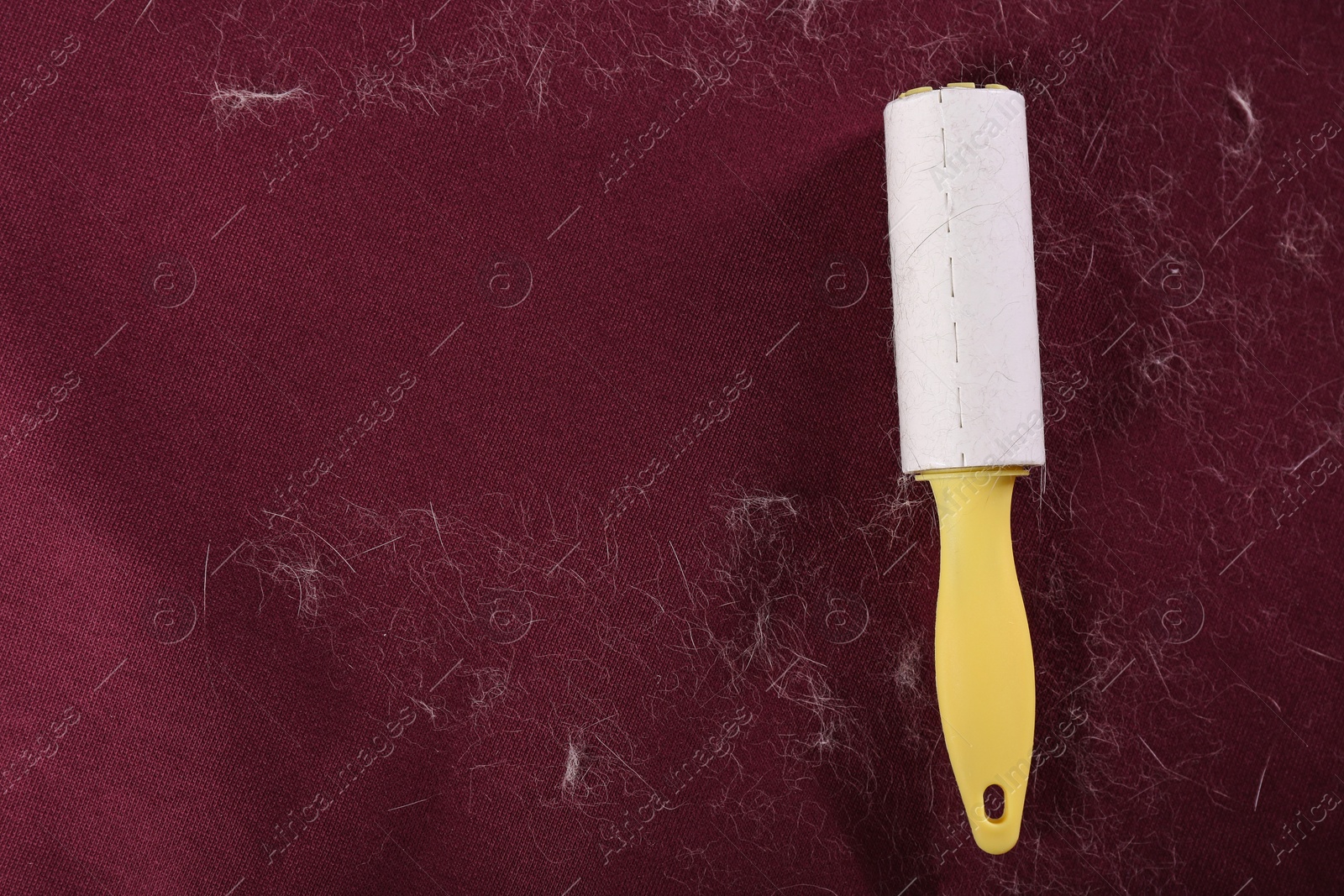 Photo of Lint roller on red fabric covered with hair, top view. Space for text