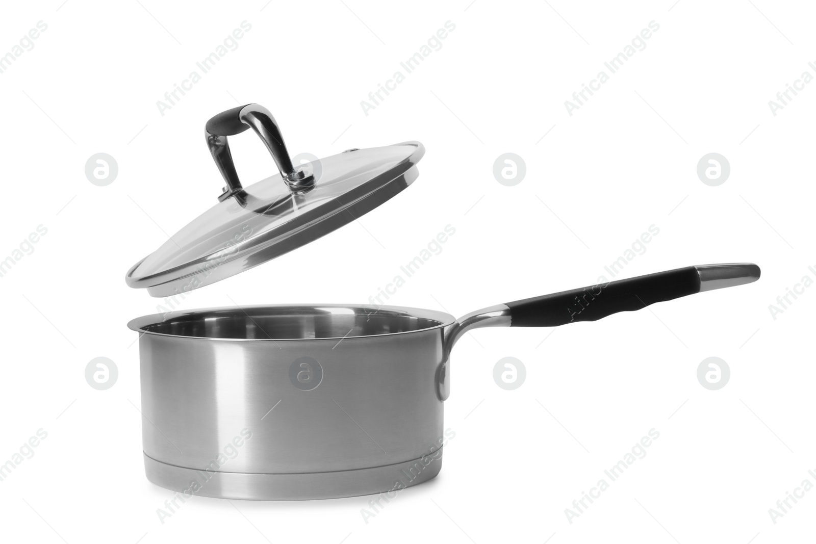 Photo of Empty modern steel saucepan with lid isolated on white